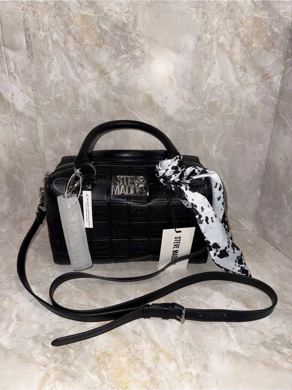 Steve Madden Black Quilted Satchel with Black-and-White Scarf Accent